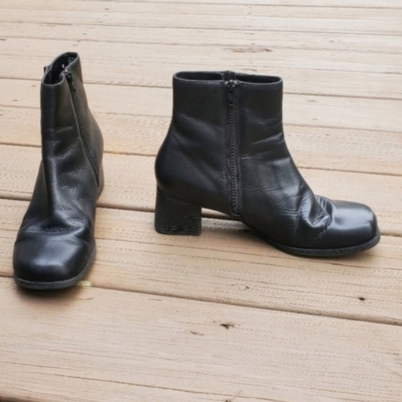 Vintage 90s y2k Square Toe Chunky Heel Black Leat… - image 1