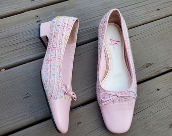 Vintage 90s y2k Square Cap Toe Chunky Heel Pink Tweed Granny Loafers 8 WIDE