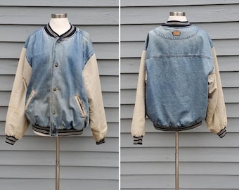 Vintage 90s y2k Varsity 2 Tone Blue Jean Tan Denim Distressed Bomber Jacket Lg