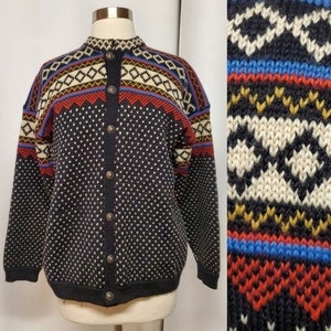 Vintage Handmade Wool Blend? Fair Isle Knit Cottagecore Button Down Cardigan Sweater Scandinavian Nordic Warm Winter Woman&#39;s Large