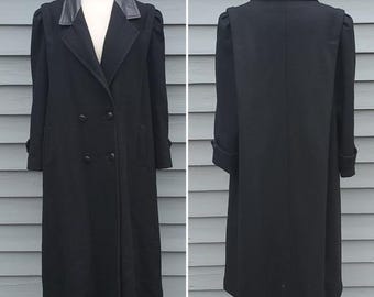 Vintage 80s Retro Preppy Acadamia Black Wool Blend Leather Trim Trench Coat XXL