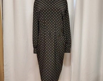 Vintage 80s Ms Chaus Black White Polkadot Long Sleeve Midi Dress Pin Up Girl LG