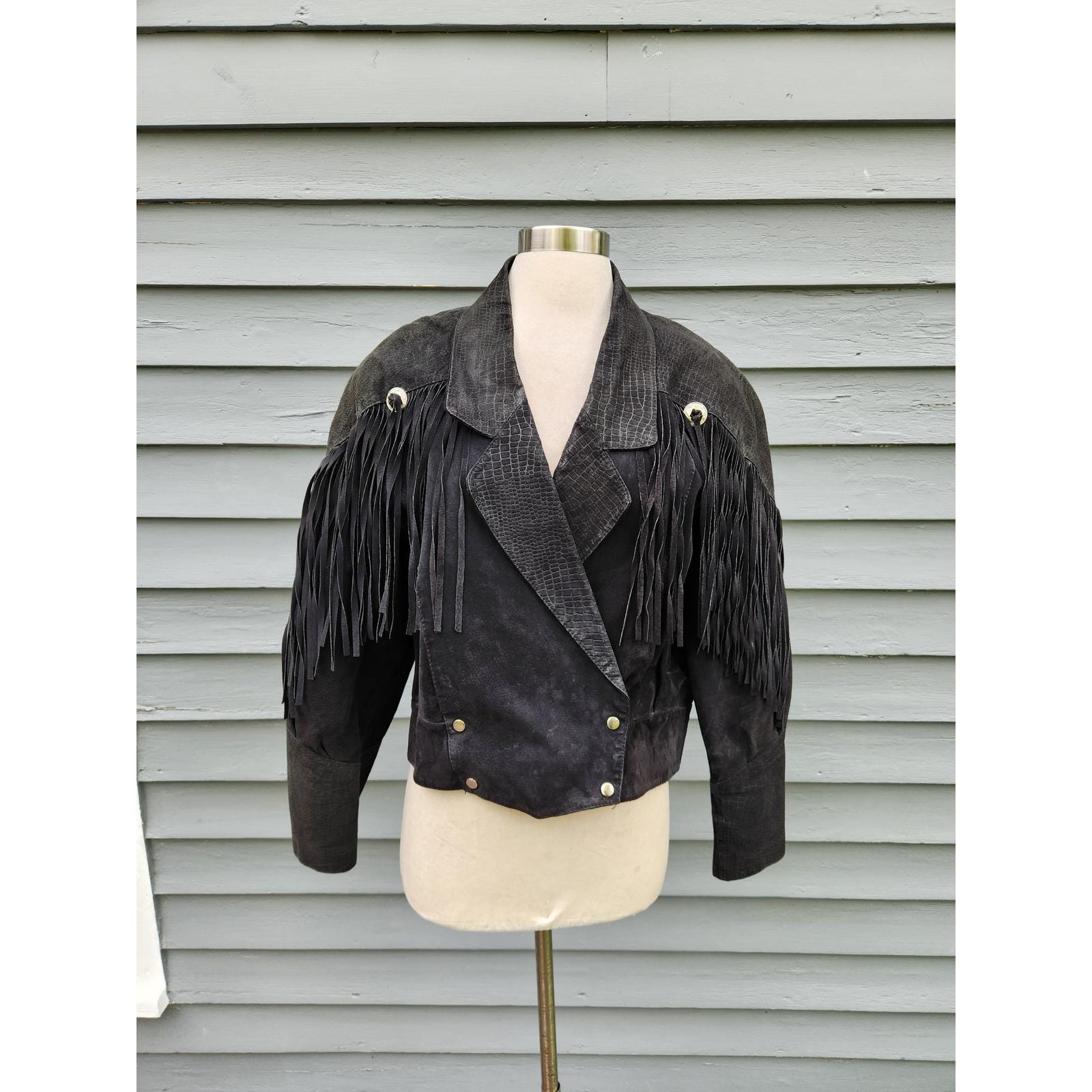 Vintage 90s Roxciticus Leather Fringe Jacket Black Western Concho