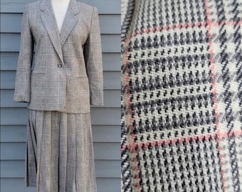 Vintage 90s Talbots Pink Gray Herringbone Glen Plaid Skirt Blazer Suit Set Sm