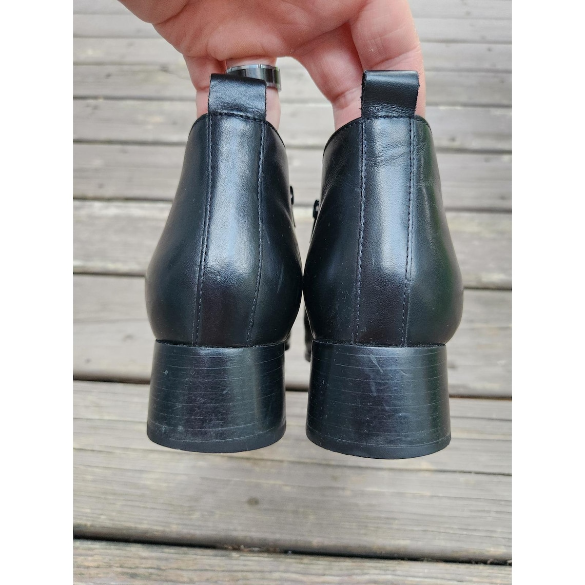 Vintage Lee Riveted Tucker Ankle Boots Black Leather Block Heel Zip Up Size 9.5M, foto 4 di 5