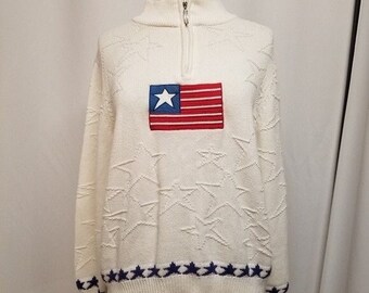 Vintage Cabela's White Knit American Flag Patriotic Pullover Henley Sweater Md