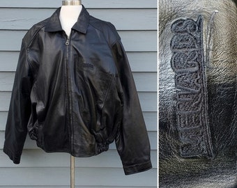 Vintage 90s y2k Black Leather Menards Logo Work Car Coat Bomber Jacket Men's XXL