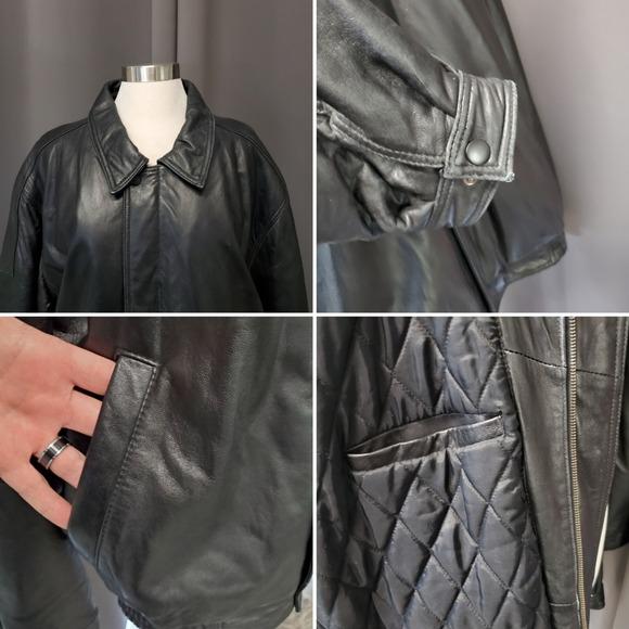 Vintage 90s Y2k Black Leather Car Coat Racer Racing Moto Bomber