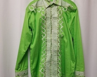 Vintage African Button Down Festival Shirt Long Sleeve Homemade Green Softened