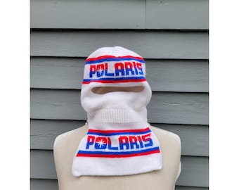Polaris Balaclava Face Mask White Red Blue Vintage Snowmobile Knit USA OSFM