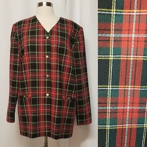 Vintage 90s y2k Acadamia Preppy Tartan Red Green Christmas Plaid Blazer Coat 12