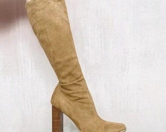 Vintage 90s y2k Candies Bratz Camel Tan Faux Suede Chunky Heel Sock Tall Boots 7