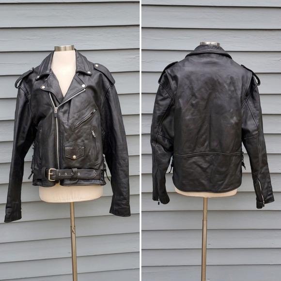 Vintage 90s Interstate Leather Black Motorcycle Moto Belted Grunge