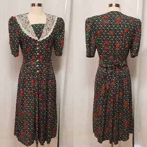 Vintage 80s Retro Gothic Floral Rose Lace Belted Button Front Midi Dress Md