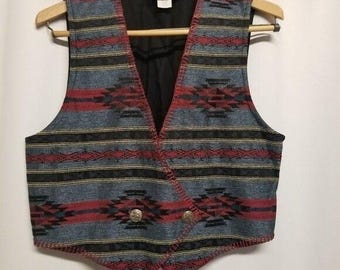 Vintage 70s Roughrider Circle T Boho Western Southwestern Woven Front Vest Large