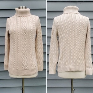 Vintage 90er Jahre Creme Zopfmuster Baumwolle Rollkragen Pullover griechische Fischer Pullover M