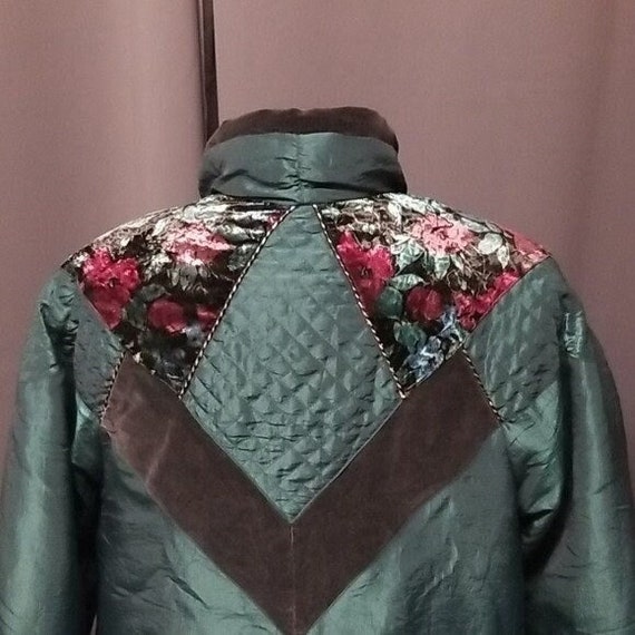 Vintage 80s Metallic Green Floral Puffer Coat Med… - image 4