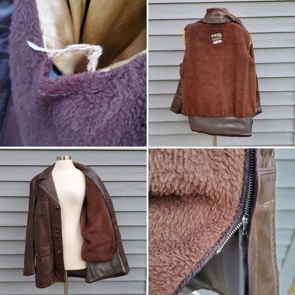 Vintage 70s Western Sears Brown Leather Shop Fleece Insulated Car  display picture 1