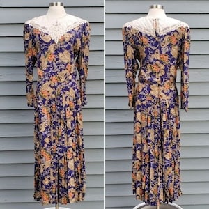 Vintage 80s Retro Blue Paisley Floral Print Cottagecore Victorian Maxi Dress Md