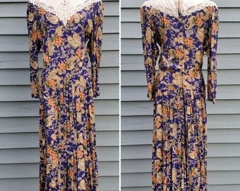 Vintage jaren '80 Retro Blauwe Paisley Bloemenprint Cottagecore Victoriaanse Maxi Jurk Md