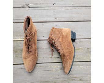 Skórzane botki zamszowe w kolorze brązowym, sznurowane, w stylu wiktoriańskim, rozmiar 9 M