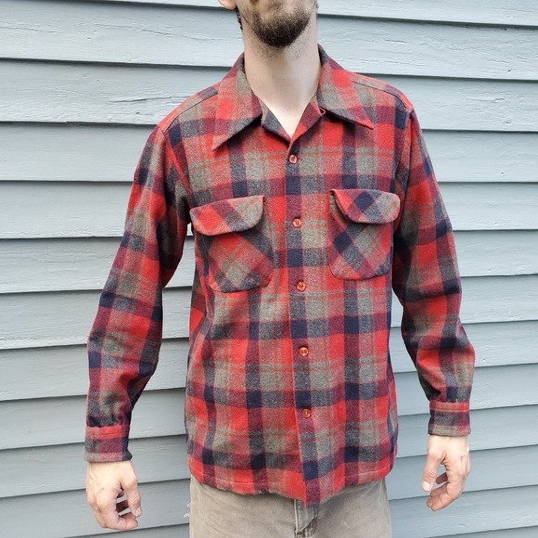 トップス 60s PENDLETON WOOL BOARD SHIRT Vintage 60s Pendleton Wool Board Shirt Red Navy Blue and
