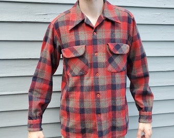 Vintage 60s Pendleton Wool Board Shirt Red Navy Blue and Gray Plaid Surf Shirt M