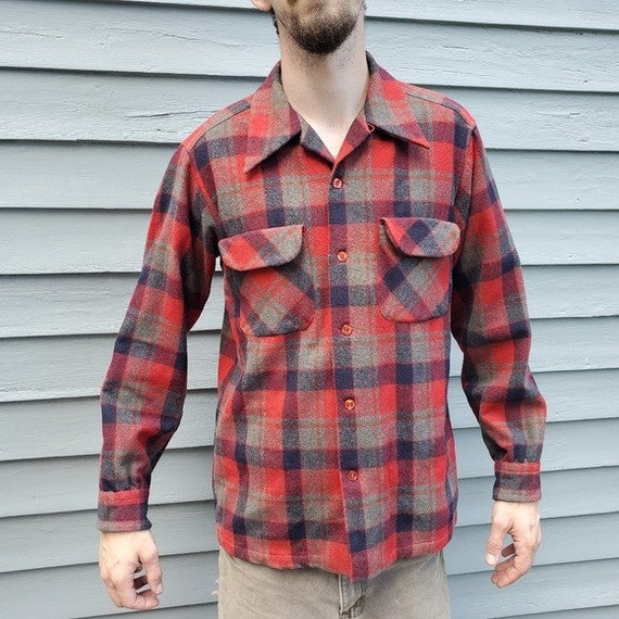 Vintage 60s Pendleton Wool Board Shirt Red Navy Blue and Gray
