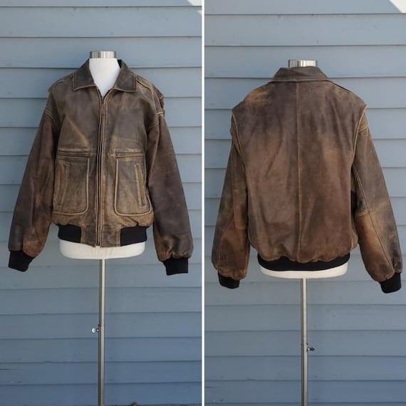 Vintage 90s Y2k Brown Leather Distressed Punk Grunge Aviator