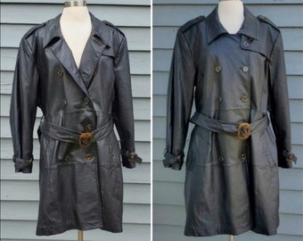 Vintage 90s y2k Black Leather Double Breasted Belted Punk Midi Trench Coat 1X