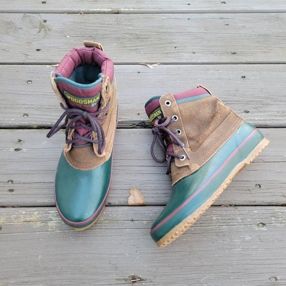 gray and teal duck boots