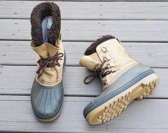 Vintage 90s Sorel Badger Leather Winter Snow Duck Boots Waterproof Wool Liner 10
