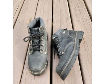Vintage 90s Y2k Skechers Jammers Boot Black Leather Chunky Lug Sole Ankle Size 8
