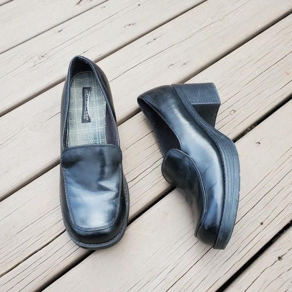 Vintage 90s y2k Bratz Black Vegan Leather Platform Oxford Chunky Heel Loafers
