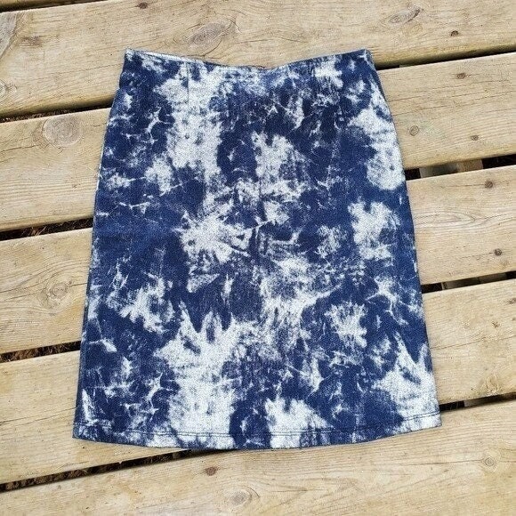 Vintage 90s y2k Tie Dye Metallic Silver Blue Jean Denim Mini Pencil Skirt