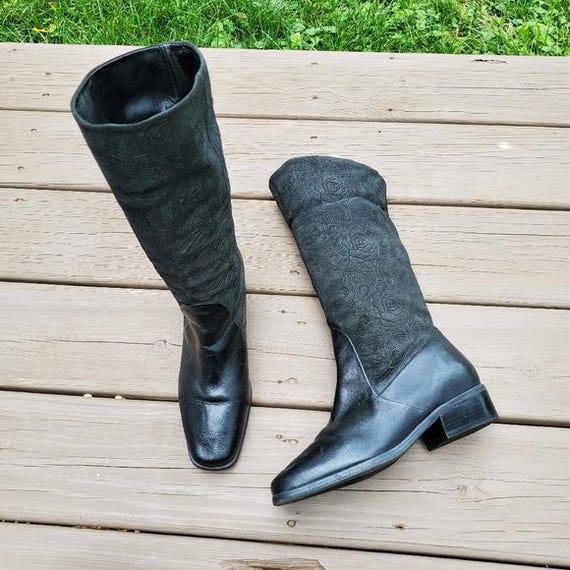 Vintage 90s Y2k Black Floral Leather Fold Over Chunky Square Toe