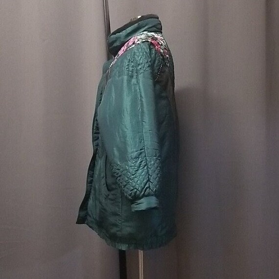 Vintage 80s Metallic Green Floral Puffer Coat Med… - image 2