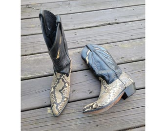 Vintage 90s Code West Cowboy Boots Black Tan Snakeskin Leather Pointed Toe 7 M