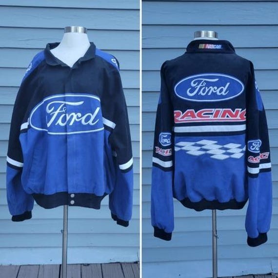 Vintage 90s Y2k Ford Racing Nascar Blue Black Checkered Flag