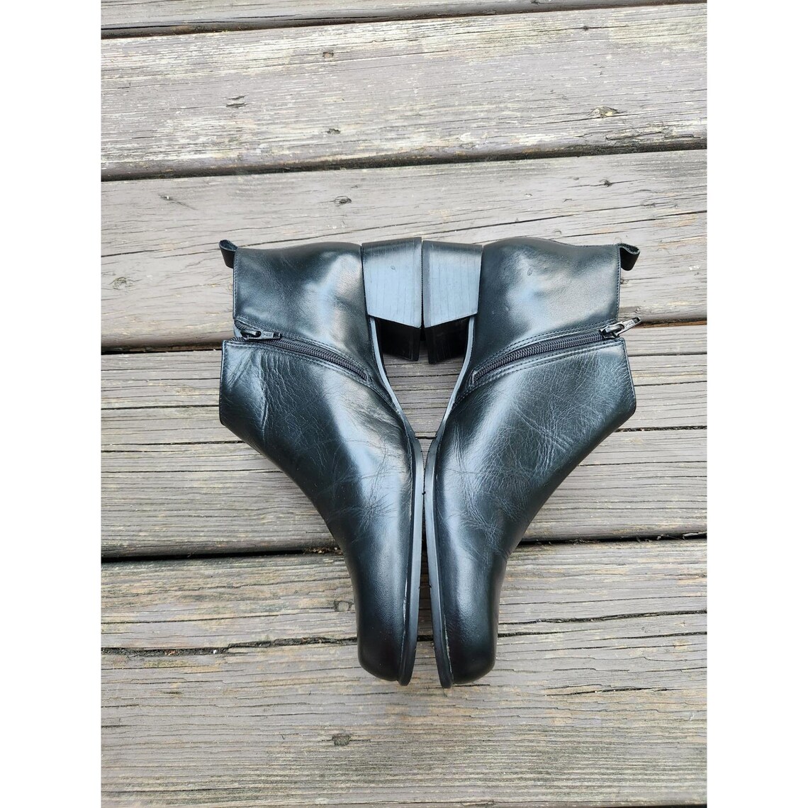 Vintage Lee Riveted Tucker Ankle Boots Black Leather Block Heel Zip Up Size 9.5M, foto 3 di 5
