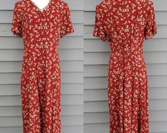 Vintage 90s y2k Red Dainty Floral Button Front Corset Back Midi Shirt Dress 12