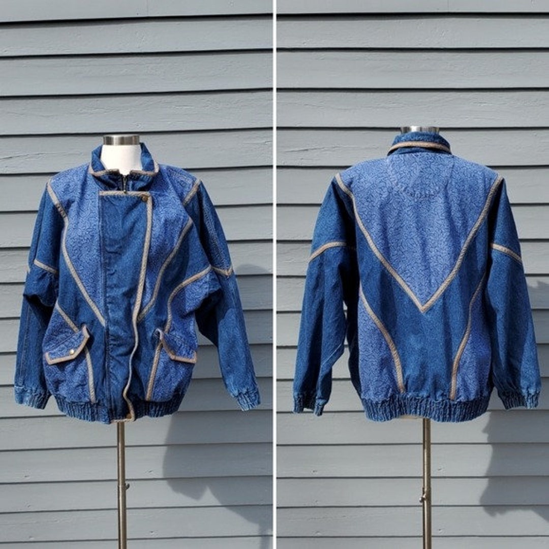 Vintage 90s Y2k Blue Denim Jean Floral Bomber Jacket Coat Unisex