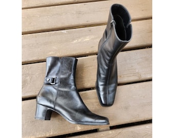 ヴィンテージ Y2K アン・クライン フリーモント アンクルブーツ ブラックレザー スクエアトゥ ブロックヒール 8