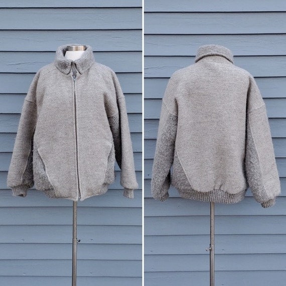 Vintage 90s Y2k Alafoss Icewool Gray Icelandic Wool Knit Bomber