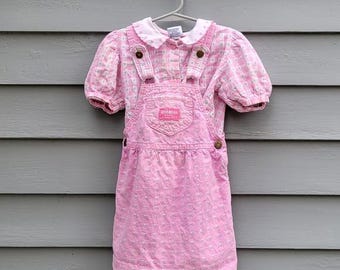 Conjunto vintage de los 90 de Osh Kosh B'Gosh: peto, camisa y peto de algodón blanco y rosa a cuadros con estampado floral, talla 4T.