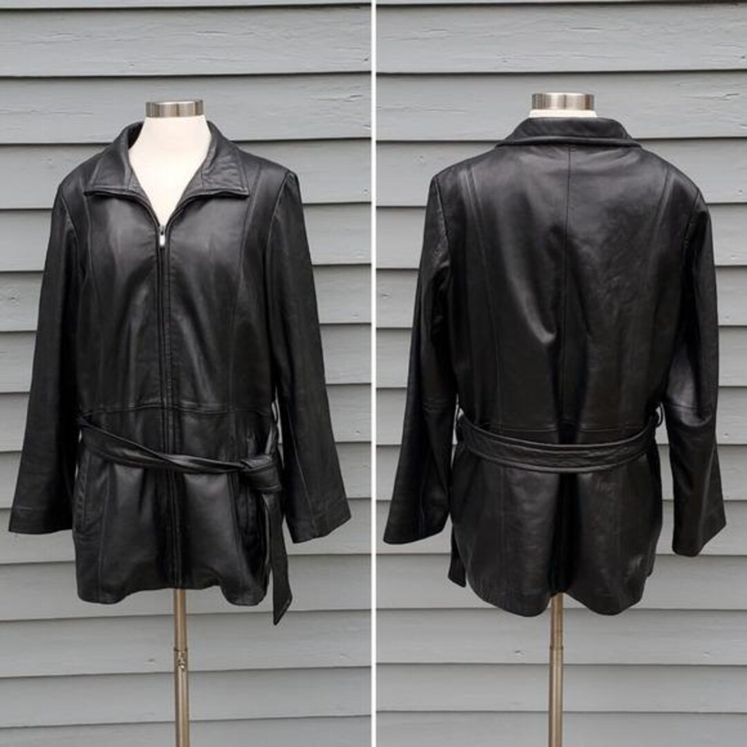 90’s UK NEXT leather car coat イギリス製 Vintage 90s Y2k Wilson's Black Leather Mid Length Belted Insulated
