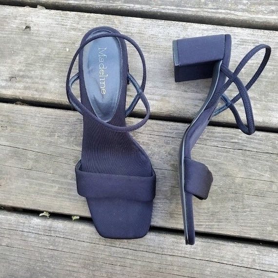 Vintage 90s Y2k Rachel Green Strappy Square Toe Chunky Heel Navy Blue Sandals 9 Etsy