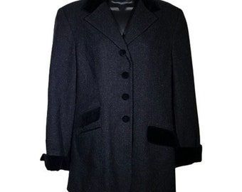 Vintage 80s Grey Wool Black Velvet Trim Peacoat Woman's Medium