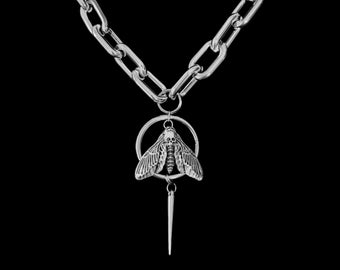Death's head moth skull chain necklace pendant charm spike loop circle steel silver goth rock gift chanky jewelry lover Acherontia