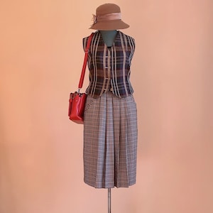 80s Gingham Wool Skirt: Pleated A-Line Midi, Made in Japan (XS-S)